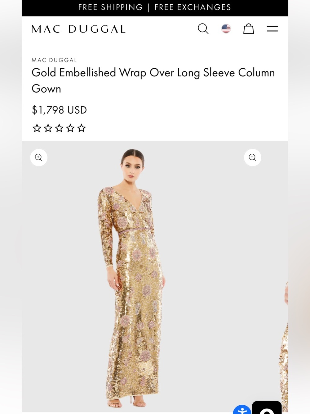 Mac Duggal Gold and Pink Sequin Wrap-Over Long Sleeve Column Gown
